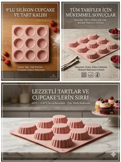 9 Bölmeli Platinum Silikon Tartolet Kalıbı - 25x25 cm (BPA Free)