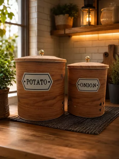 Bambu Kapaklı Metal Patates Soğan Sepeti Seti - 2’li Dekoratif Mutfak Düzenleyici