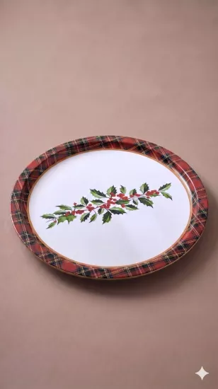 47 cm Büyük Boy Yuvarlak Metal Sunum Tepsisi - Desenli Dekoratif Servis Tepsisi