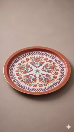 47 cm Büyük Boy Yuvarlak Metal Sunum Tepsisi - Desenli Dekoratif Servis Tepsisi