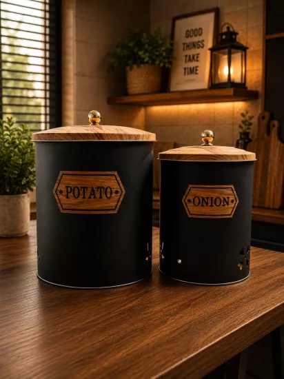 Metal Patates Soğan Kovası Seti - 2’li Dekoratif Mutfak Kiler Seti