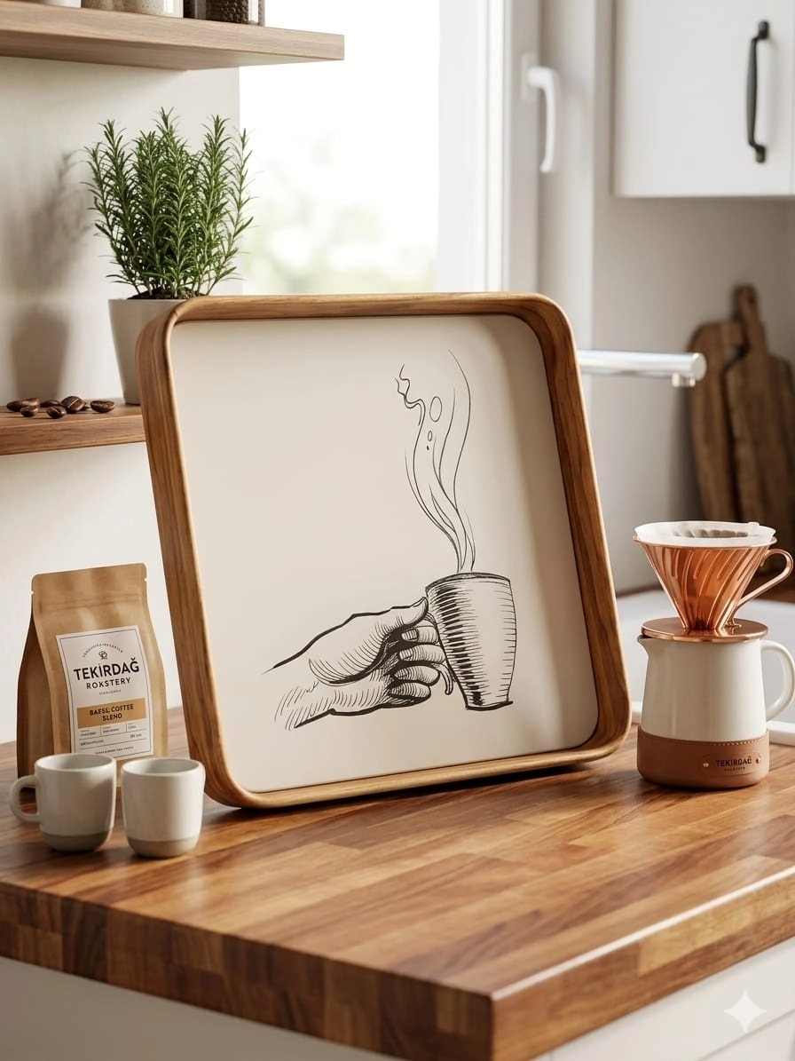 Bambu Görünümlü Kenar Kahve Temalı Servis Sunum Metal Kare Tepsi